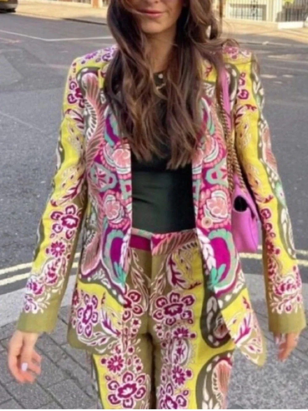 ZARA SET Bright Yellow Army Green Pink Linen Cotton Blend Blazer & Cropped Pants